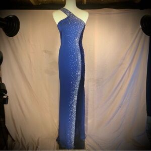 One-Shoulder Royal Blue Evening Gown with Crystal Accents Size Small Medium